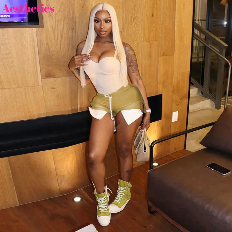 Women Faux Leather Shorts Patchwork High Waisted Hot Pants Deep Pockets Lace Up Casual Streetwear 2023 Summer Biker Shorts