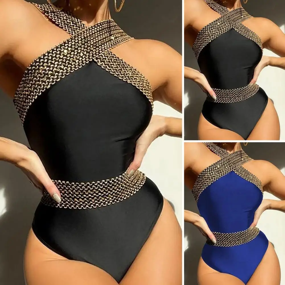 Съемные подушечки с лямкой через шею и блестками Женский монокини волнистым