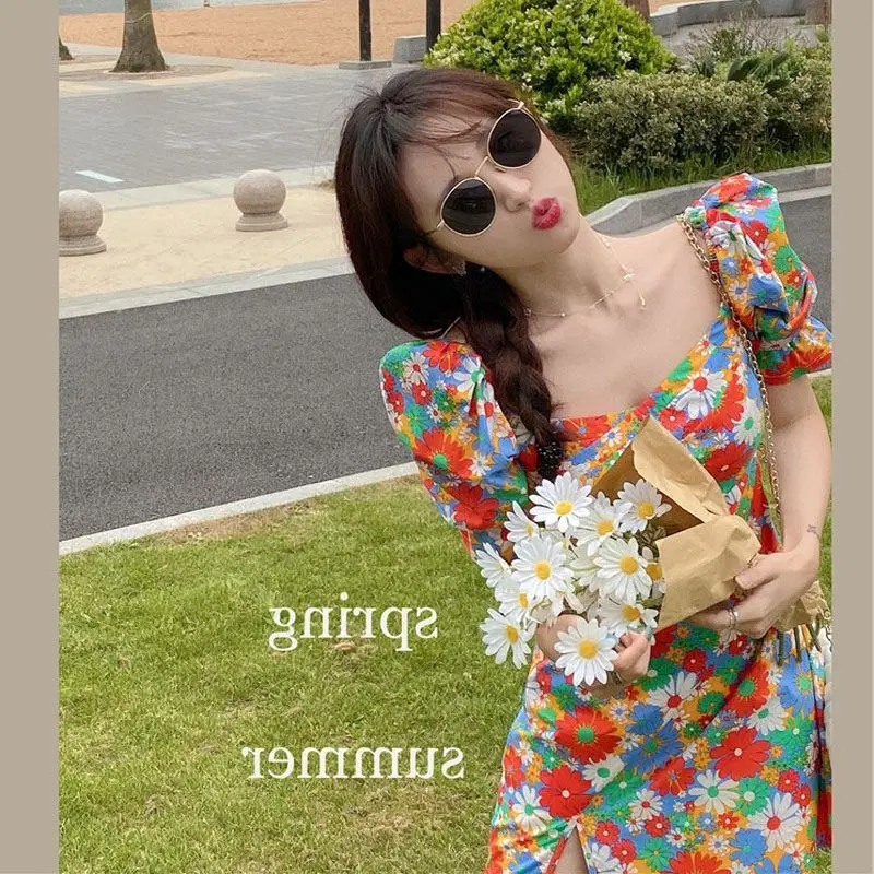 

2023 Elegant Style French Retro Short-sleeved Dress Summer Dress Oil Painting Korean Version of The Fashion Dress Vestidos E14