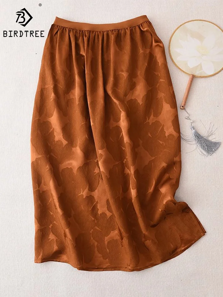 

Birdtree 35mm 93%Natural Silk Heavyweight Skirts Elastic Corolla Satin Caramel Luxury Women's Fashion Skirt Summer Fall B38816QM