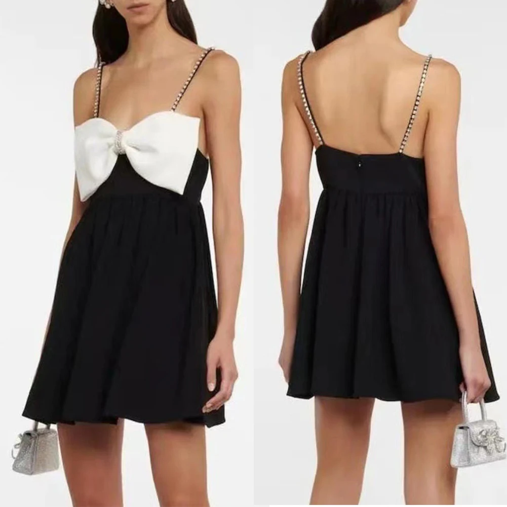 

Women Sleeveless Slip Dress Casual Rhinestone Slip White Bow Under Dress Ladies Summer Backless Bow-Embellished Sling Dress 2023