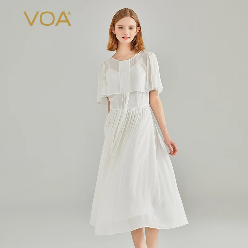 

VOA Jacquard Silk Splice Double Layer Georgette Pure Silk Dresses Women Two Piece Silk Sweet White Dress Summer 2023 New AE2108