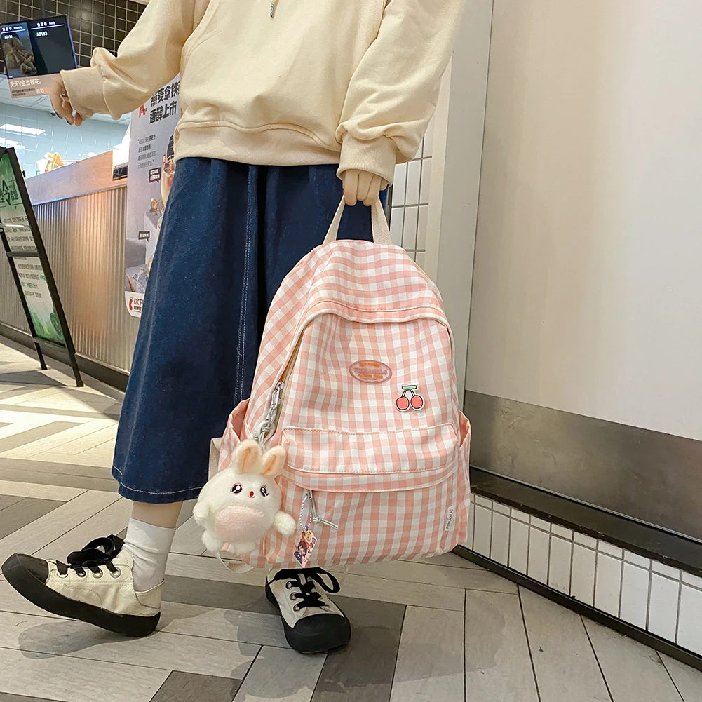 

Waterproof Backpacks for Women Plaid Print Small Cherry Kawaii Backapck Korean INS Fashion Rucksuck Mochila Student School Bags
