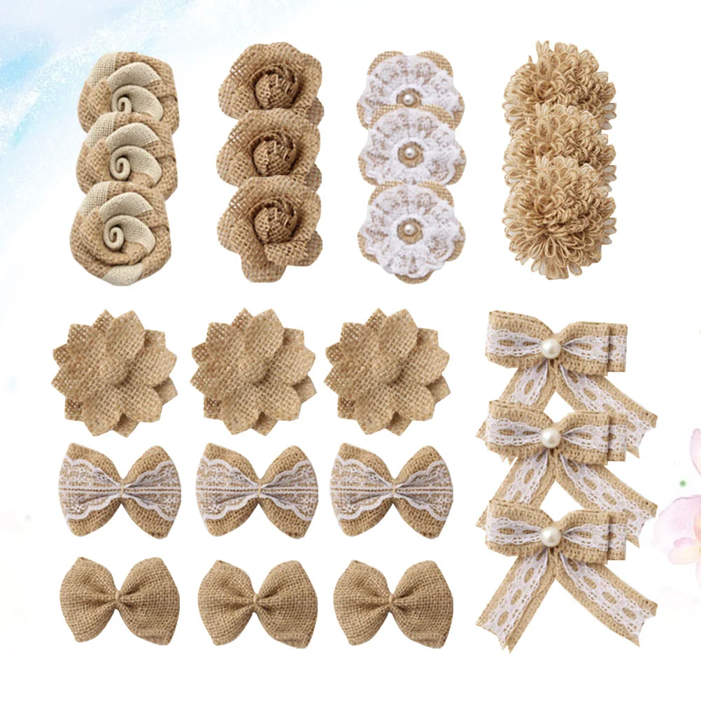 

24pcs in 1 Set Diy Flower Embellishments Burlap Bows Flower Burlap Flowers Roses Diy Burlap Decor Craft