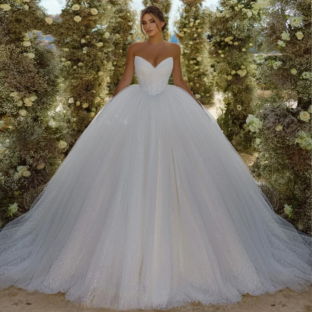 

Elegant Puffy Wedding Dress Bling Lace Sequined Sweetheart Sleeveless Bridal Gowns Retro Vestidos De Noiva Robe Mariage