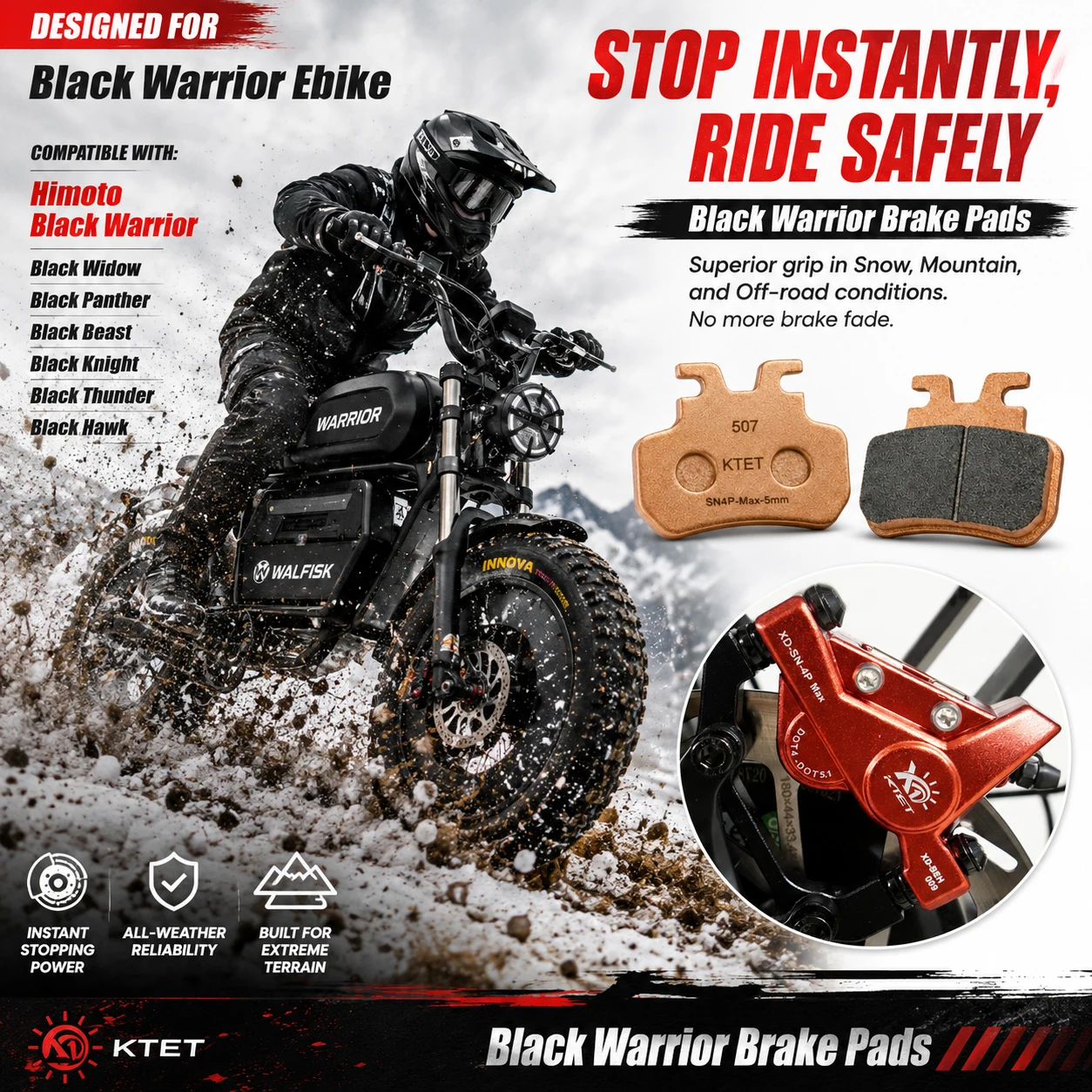 Фото Тормозные колодки Black Warrior, полуметаллические, с быстрым охлаждением, для Himoto OWAYEBIKE WALFISK EKXBike KTET SN-V4 XD-SN-4P Ebike №4