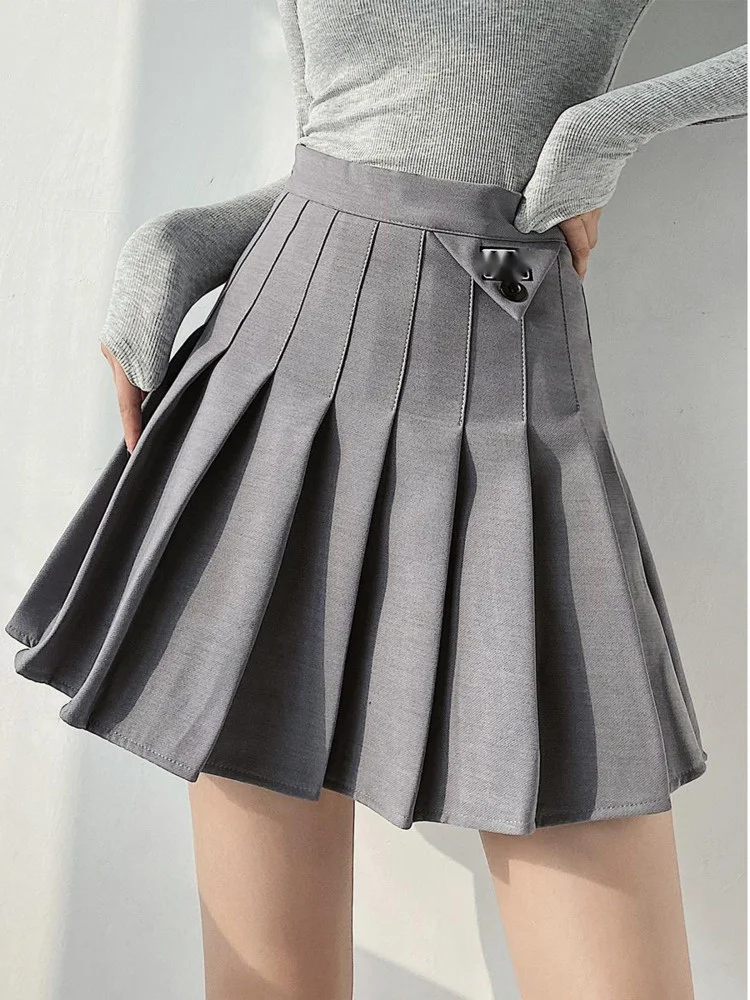 

Sweet Korean Sweet College Style Solid Color Pleated Mini A-Line Skirt High Waist Slim Triangle Decoration Women's T2LL