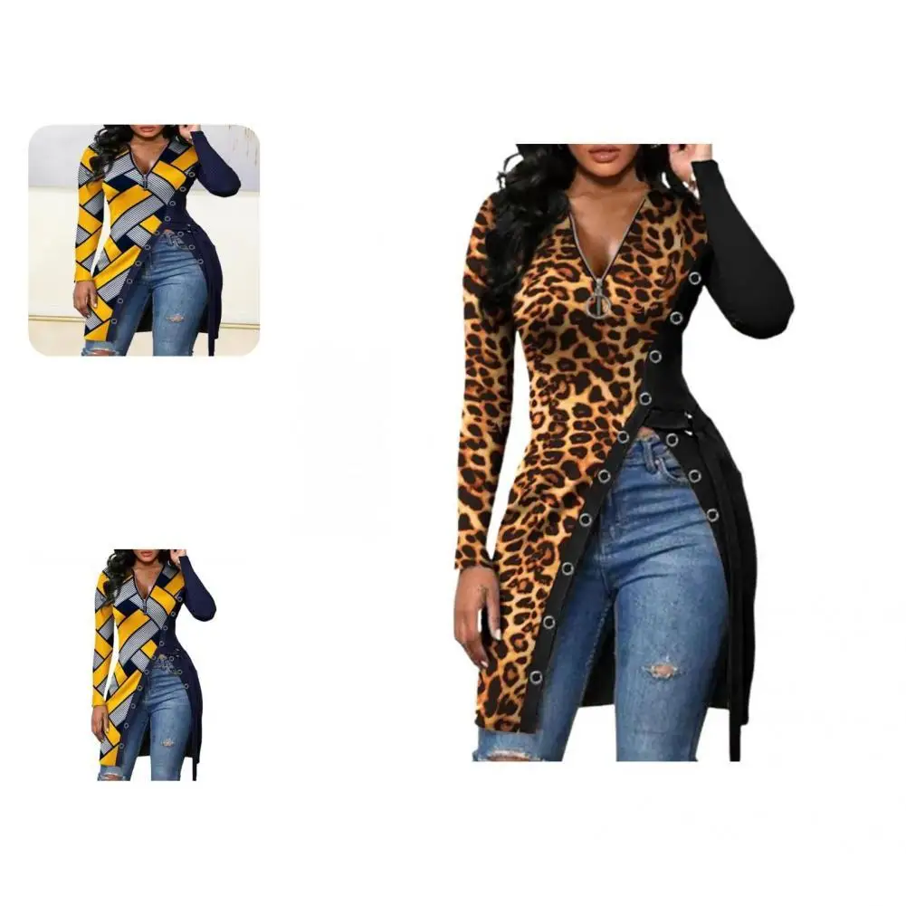 

Great Slim Blouse Elastic Fall Winter Tunic Top Leopard Print Patchwork Lady Blouse