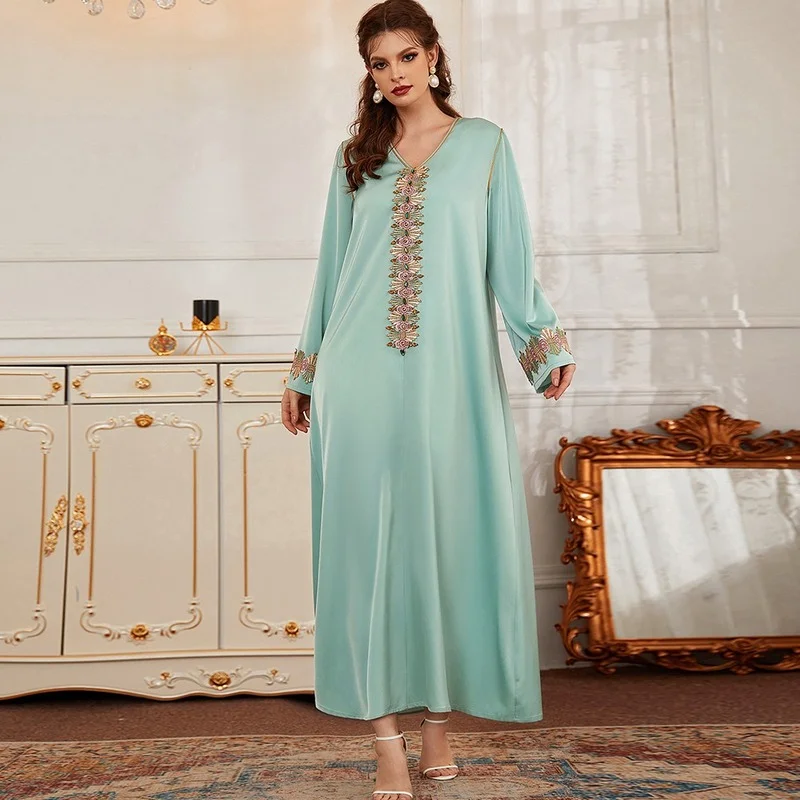 

Mint Green Satin Embroidery Diamond Beading Maxi Dress for Women V Neck Long Sleeve Elegant Loose Dubai Moroccan Caftan
