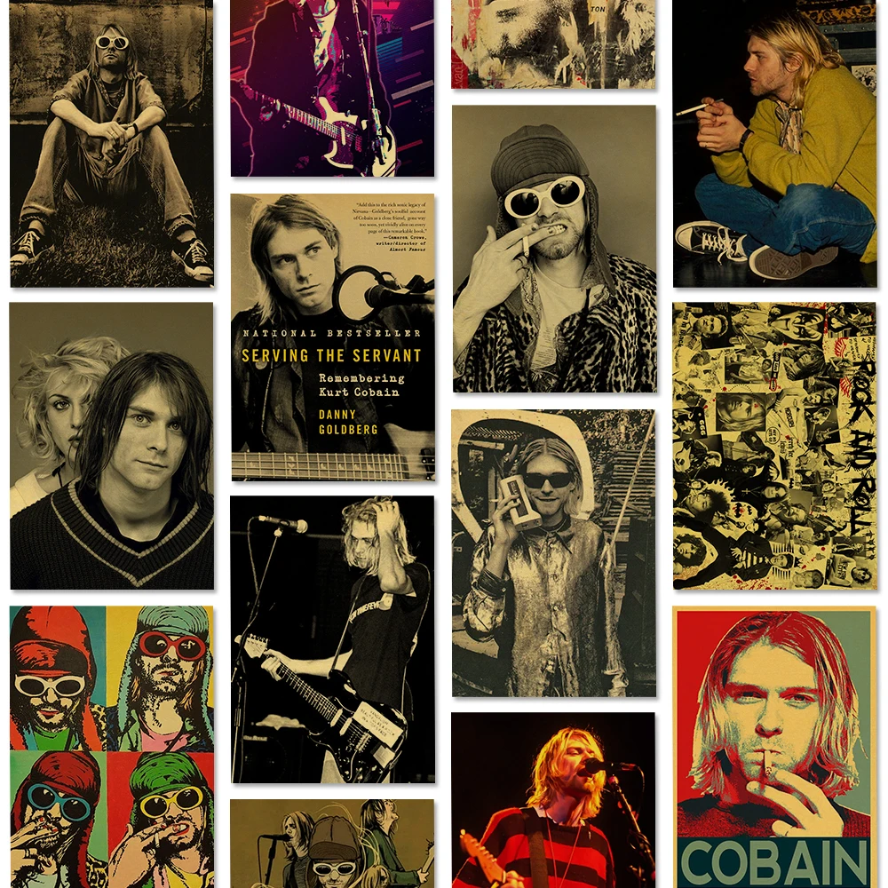

Singer Kurt Cobain Posters Rock and Roll Music Retro Kraft Paper Sticker DIY Vintage Room Bar Cafe Decor Gift Art Wall Painting