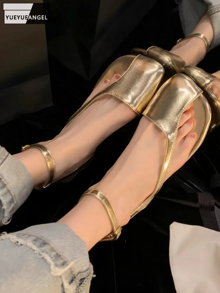 

Ladies Square Toe Flat Sandals Solid Color Genuine Leather Fashion Shoes Buckle Strap Summer Designer High Street Women Sandals