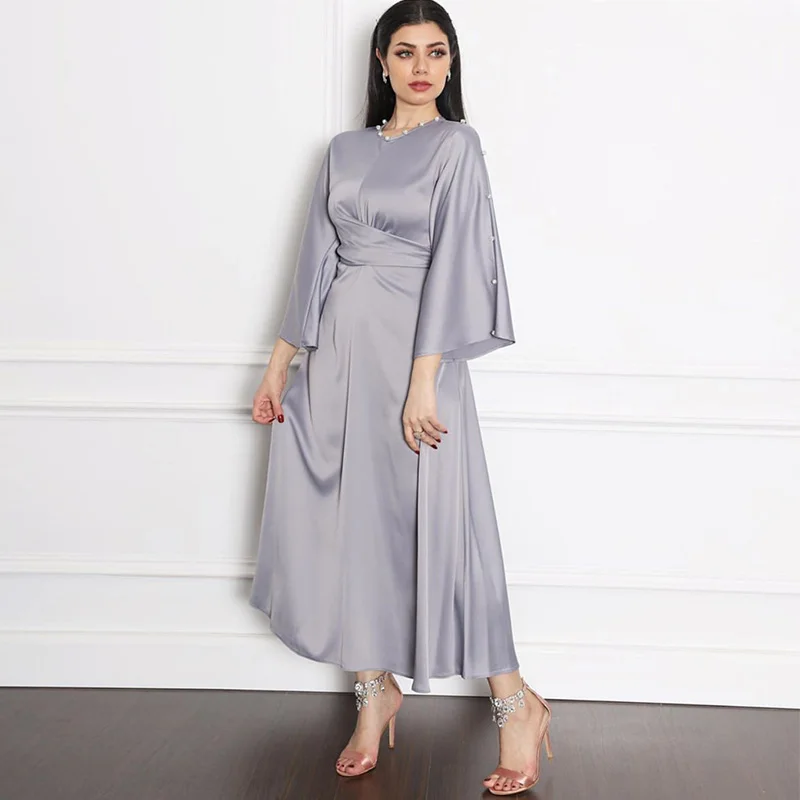 New Middle East Dubai Ramadan Satin Lotus Sleeve Dress Muslim Woman Robe Femme Musulmane Abaya Turkey Long Dresses