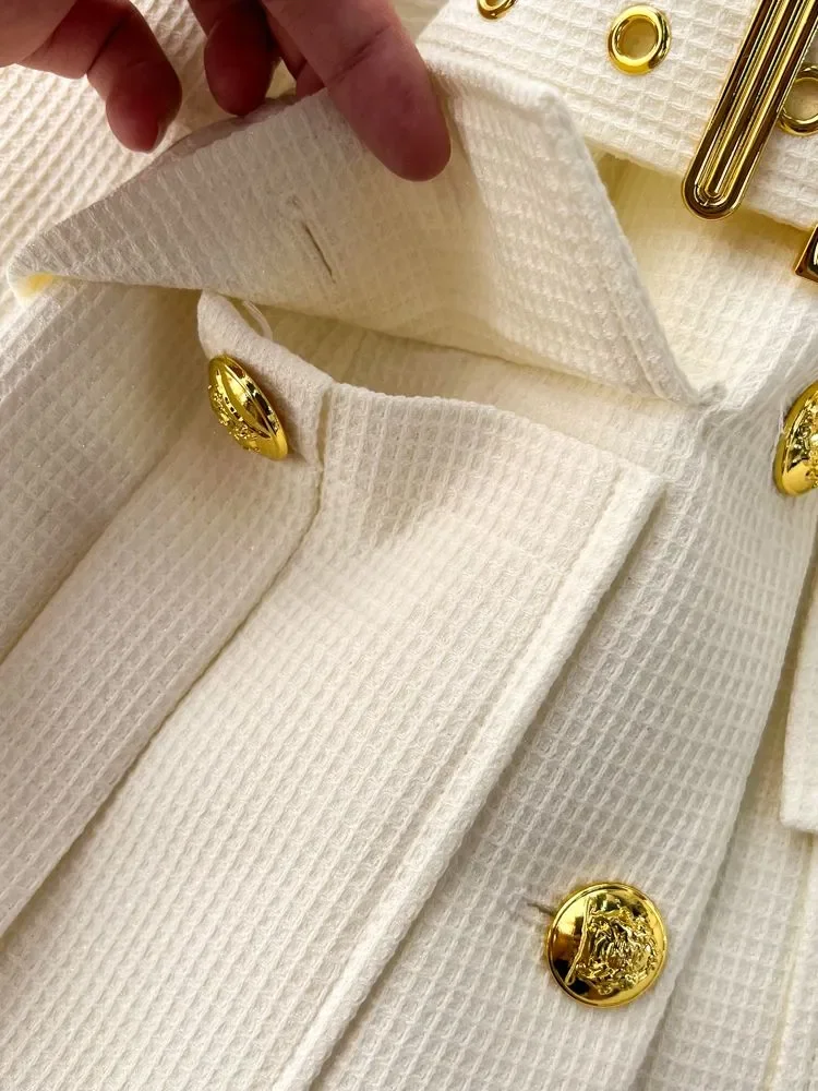 New Autumn Winter Outerwear Fashion Checkered Vintage Golden Buttons Pocket Women's Notched Collar Belted Blazers Jackets Tops