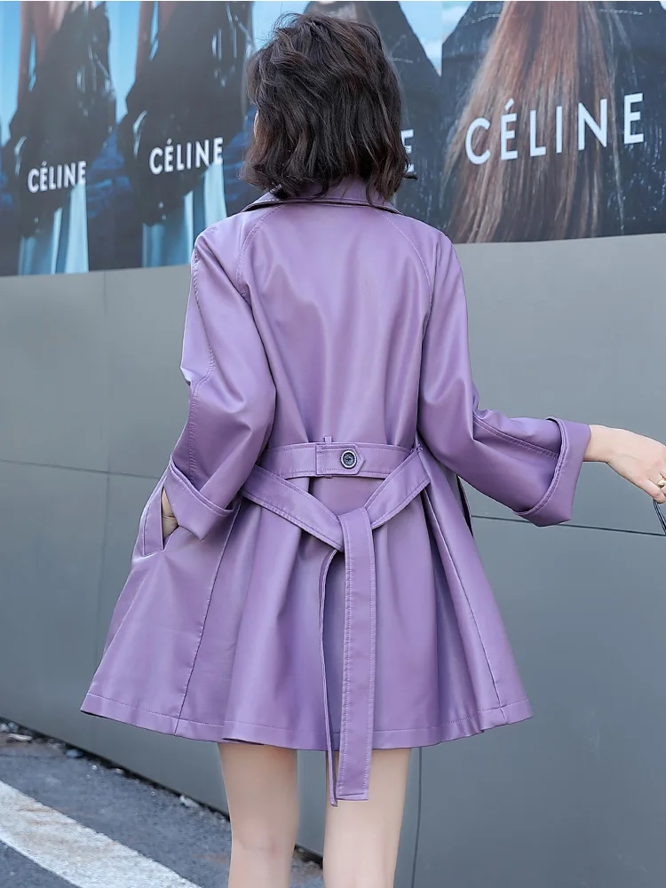 New Women Leather Trench Coat Spring Autumn Single Breasted Adjustable Waist Loose Sheepskin Coat Casual Jacket Split Leather