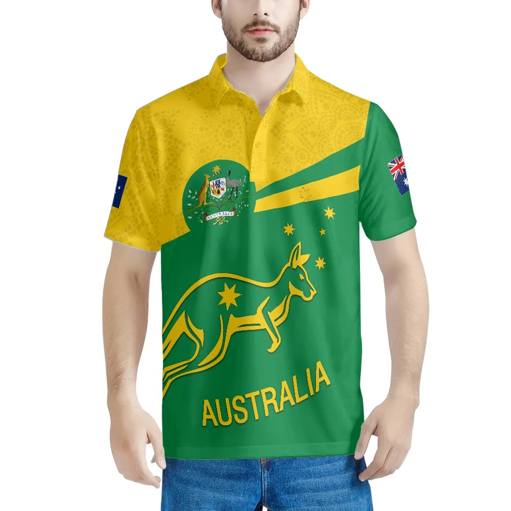 

Рубашка-поло мужская с австралийским флагом, желтый зеленый дизайн, кенгуру, повседневная, с коротким рукавом, праздничная, Пляжная, вечерня...