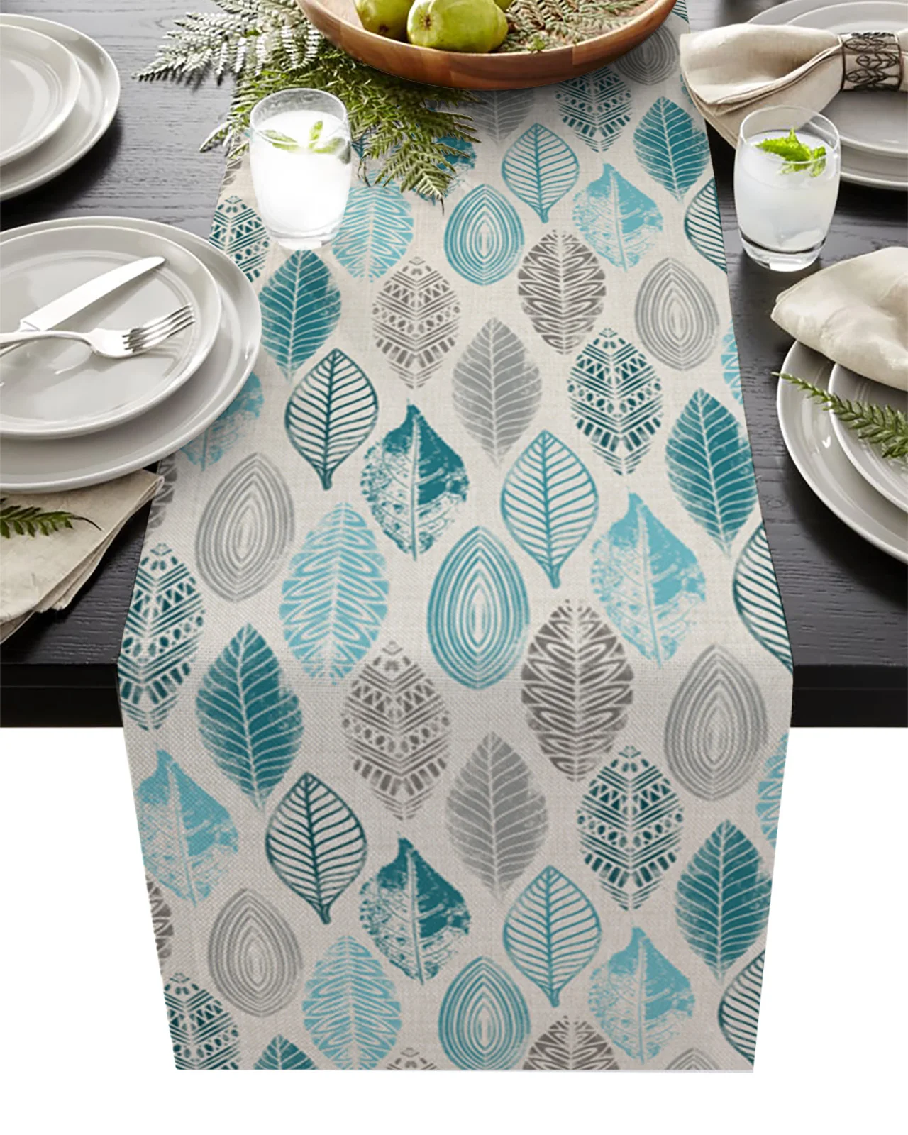 

Leaves Grey Teal Burlap Bottom Wedding Decor Table Runners Coffee Table Kitchen Dining Table Cloths Home Party Decor