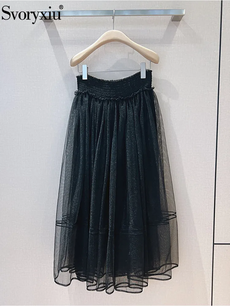 

Svoryxiu High Quality Designer Summer Minimalist Black Vintage Gauze Half Skirt Women's Elastic Waist Holiday Party Midi Skirt