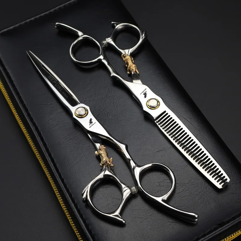 Фото NEPURLson JP440C 6,0-дюймовые ножницы для стрижки волос с подшипниковым винтом и маленькой золотой ручкой в форме тигра, правосторонний дизайн, острые и прочные. №2