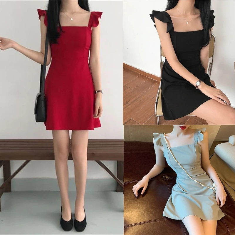 

Женское облегающее однотонное мини-платье трапециевидной формы с оборками на бретельках без рукавов с квадратным вырезом 10CD