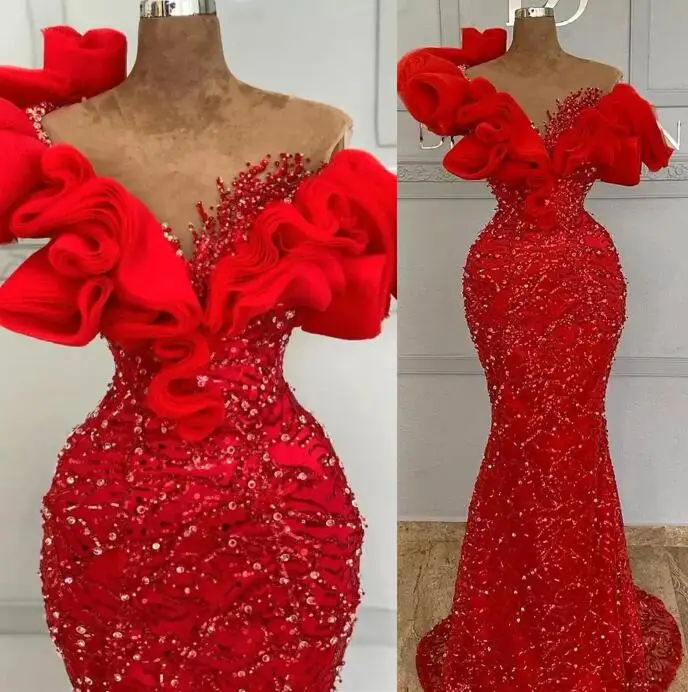 

Plus Size Arabic Aso Ebi Mermaid evening Dresses Red Sheer Neck Formal sparkly prom Second Reception Birthday Engagement gown