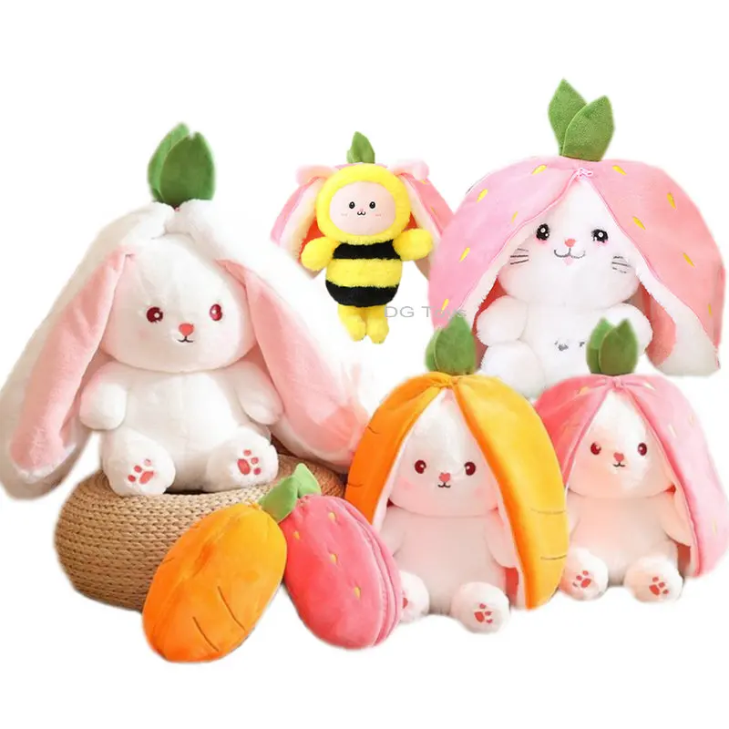 35cm Creative Funny Doll Carrot Rabbit Plush Toy Stuffed Soft Bunny Bee Cat Hiding in Strawberry Bag Toys for Kids Birthday Gift