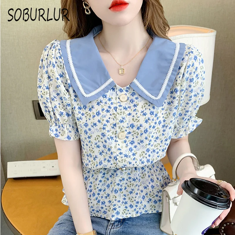 

SOBURLUR Summer New Flower Printed Women's Blouses Kawaii Shirts Elegant Korean Fashion Blousas Tops for Girls Preppy Style 2022