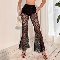 womens pants trousers sexy solid color slim hollow out bell bottom pants womens fashion high waist see through pants