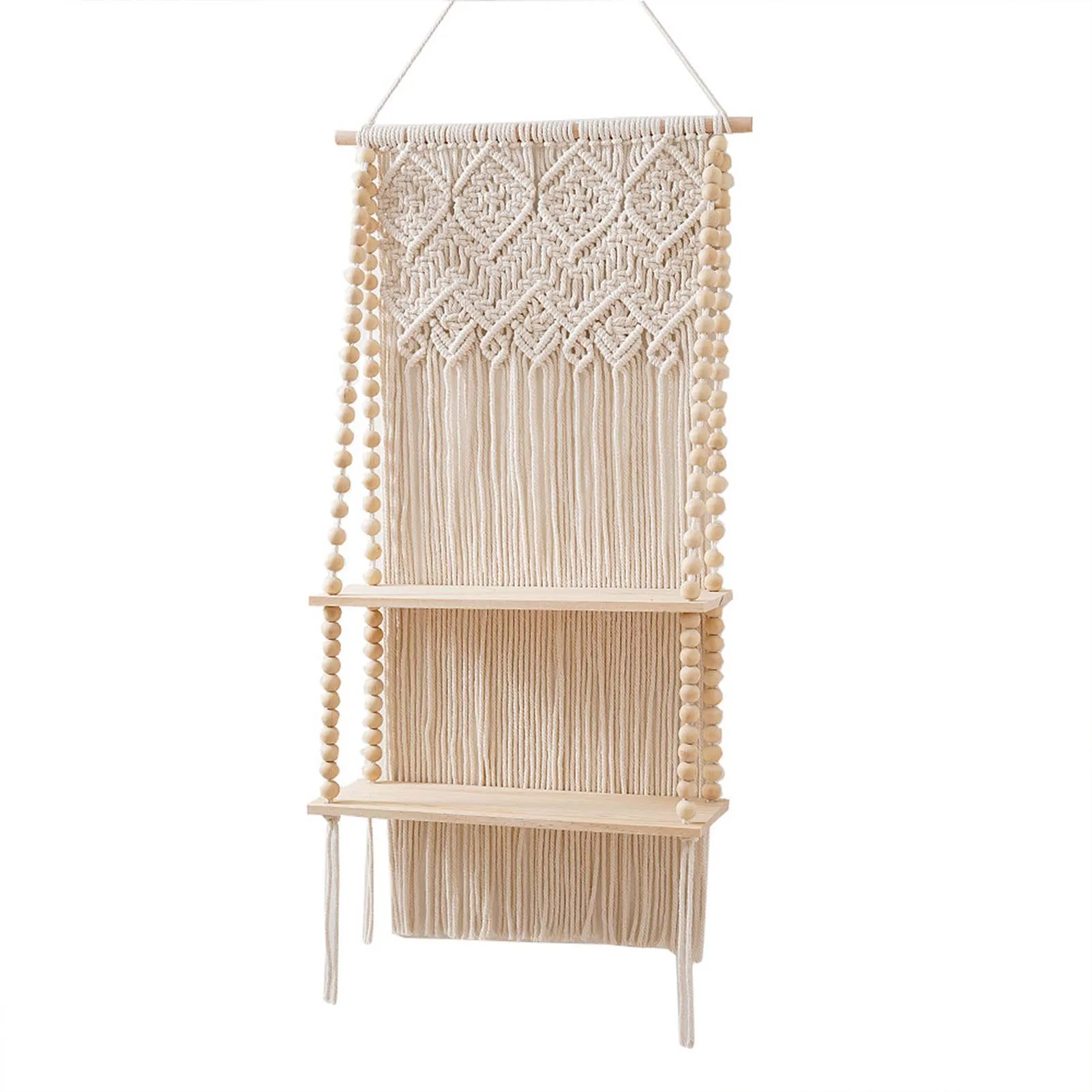 

Bohemian Hand-Woven Macrame Tapestries Rack 2 Layers Wooden Shelves For Wall Decorative Shelves Wall Hanging Shelves Ornament