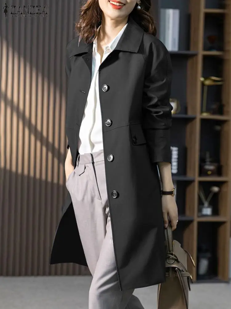 

Модный офисный Тренч ZANZEA 2023, Женские винтажные однотонные ветрозащитные осенние куртки с длинным рукавом и отворотом, элегантная женская верхняя одежда