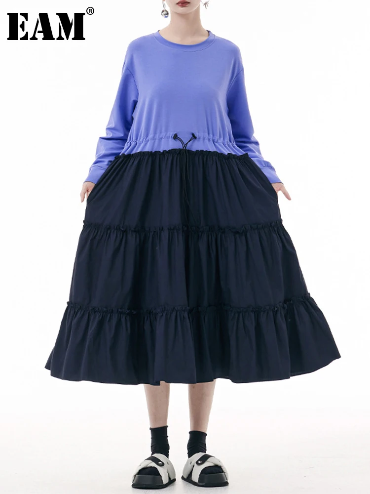 

[EAM] Women Color-block Drawstring Dress New Round Neck Long Sleeve A-line Loose Fit Fashion Tide Spring Autumn 2023 1DH3346