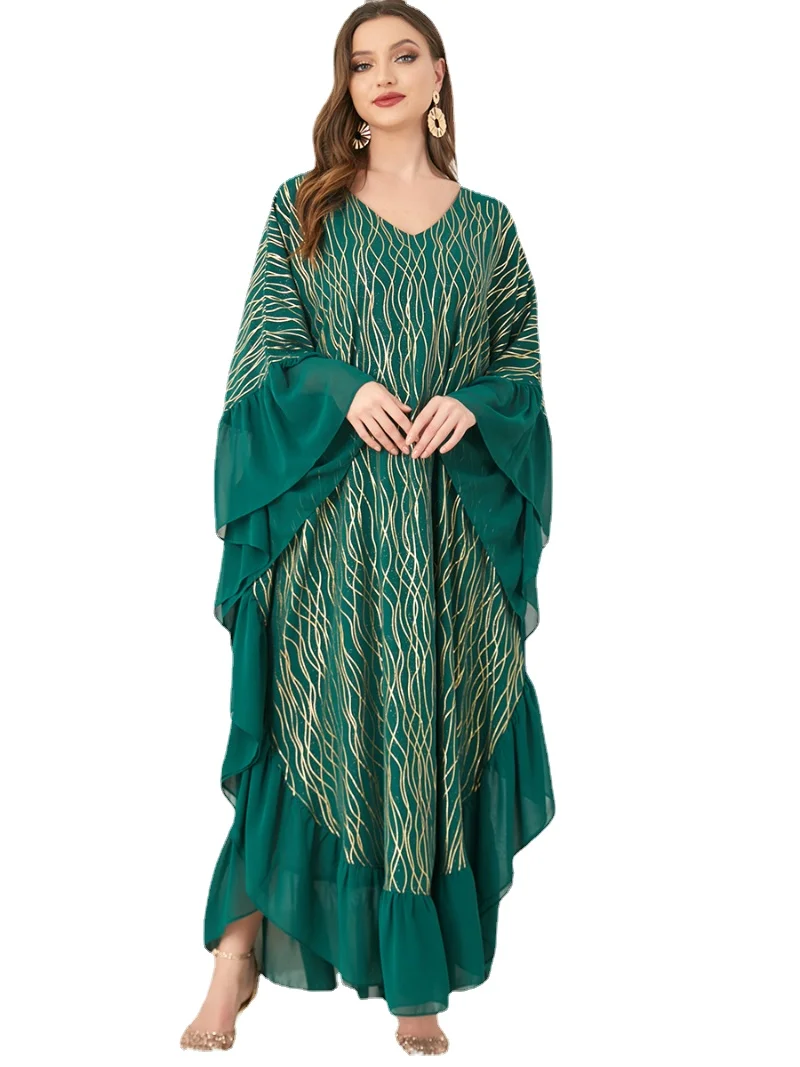 

Kaftan For Women Dubai 2023 Latest Fashion Ruffle Trim Batwing Sleeves Abaya Printing Maxi Dress Kimono Arab Dresses Ramadan