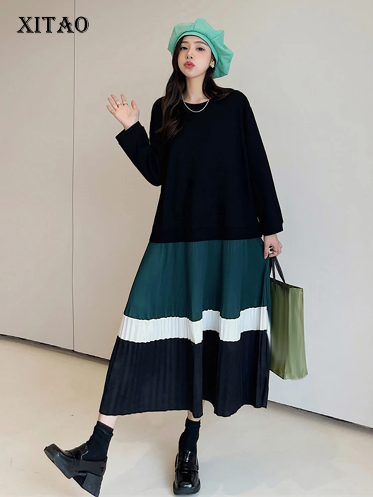

XITAO Casual T-shirt Dress Contrast Color Spicing Pleated Hem Loose Fashion Simplicity Autumn New Long Sleeve Dress DMJ2260