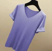 knitting t shirts women v neck short sleeve loose thin tops female ribbed solid basic casual 2022 summer fashion tee shirt femme