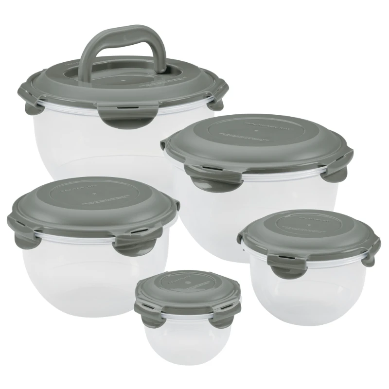 

Leak-Proof Nestable Round Food Storage Container Set, 10 Piece, Gray Lids