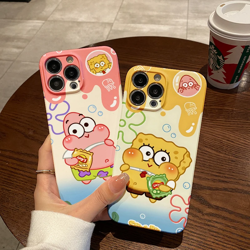 Чехол для телефона Cartoon Cute SpongeBobs Patricks Stars IPhone 16 15 14 13 12 11 Pro Max XS XR XSMax 7 8 Plus глянцевый