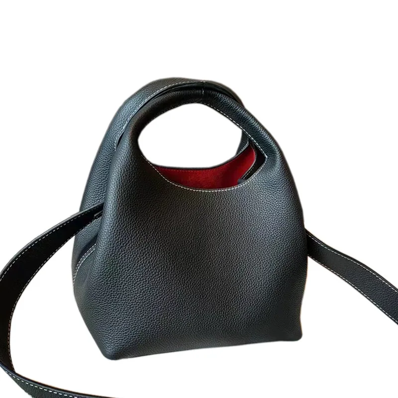 Genuine leather vegetable basket bag single shoulder spell color bucket bag versatile handheld crossbody temperament female bag