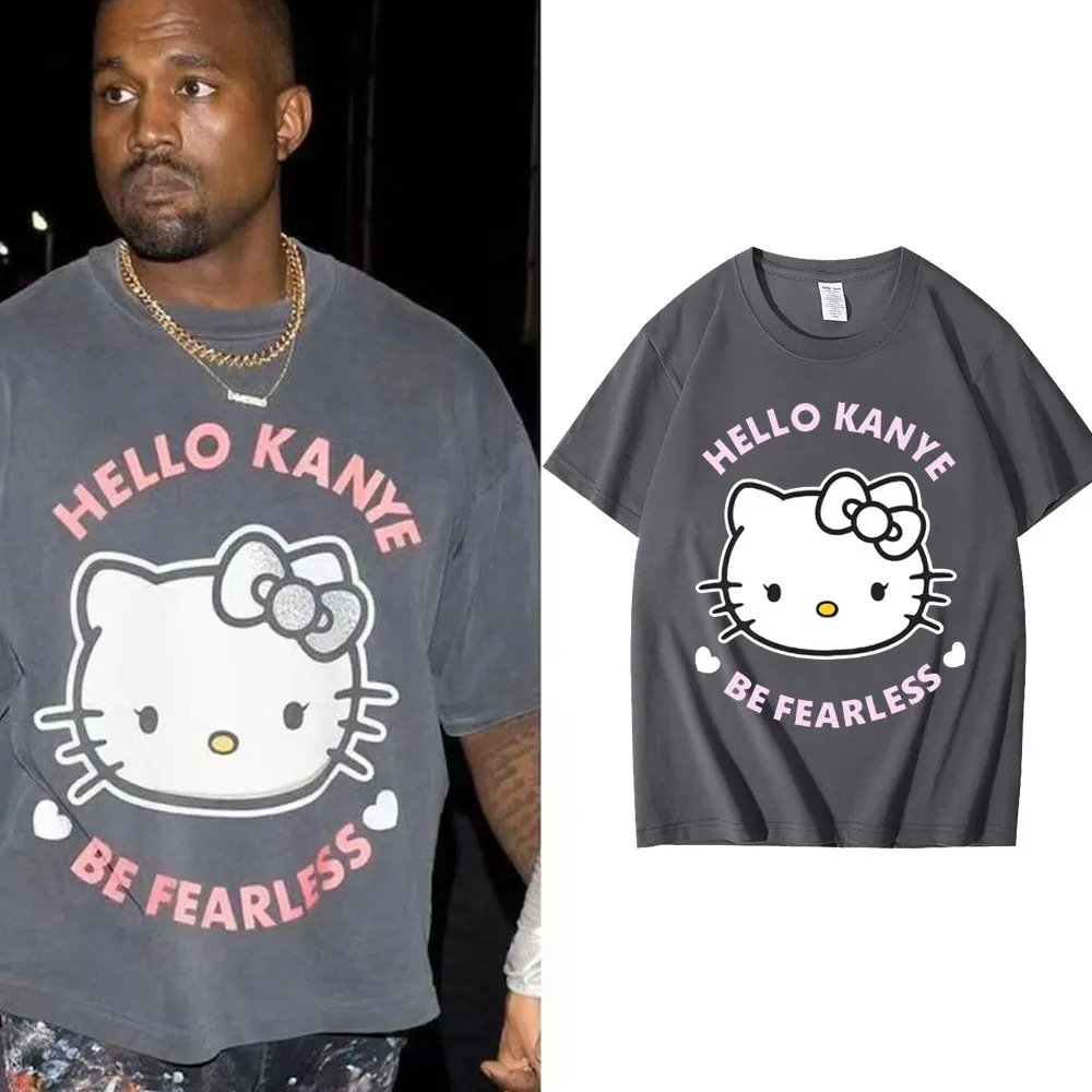 Hello Kanye West T-shirt Hip Hop Streetwear Men Women High Quality Cotton Vintage T Shirts Fearless Short Sleeve T Shirt Unisex
