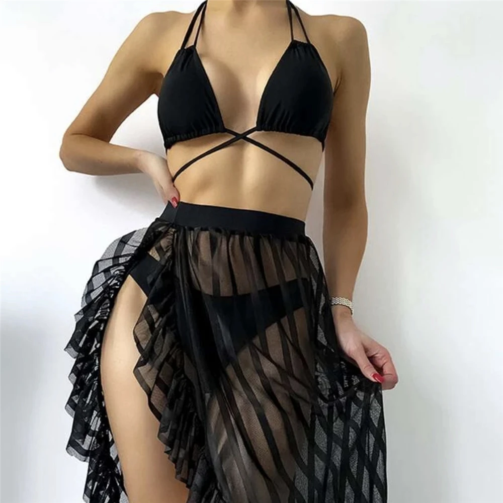 

Black Swimwear 3 Pieces Fringed Mesh Long Skirt Three-piece Swimsuit Bikini Sexy Bikini Push Up Brazilian Tankini Swimsuit 2022