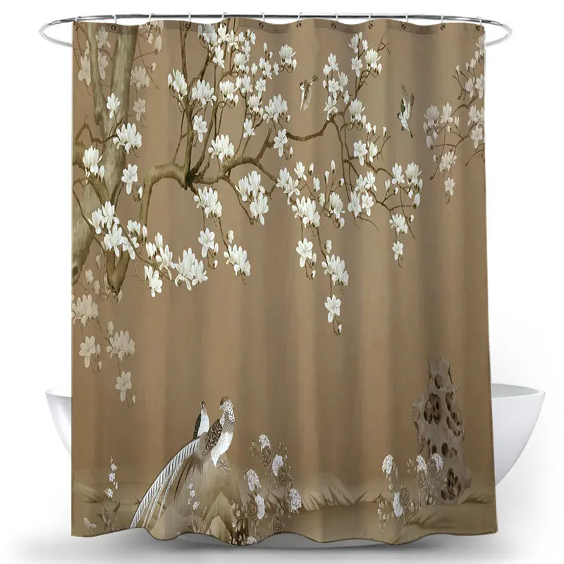 

Curtain Waterproof Fabric Shower Curtains Floral Leaves Printing Bathroom Screen Landscape Home Flowers Birds Bath Decoration