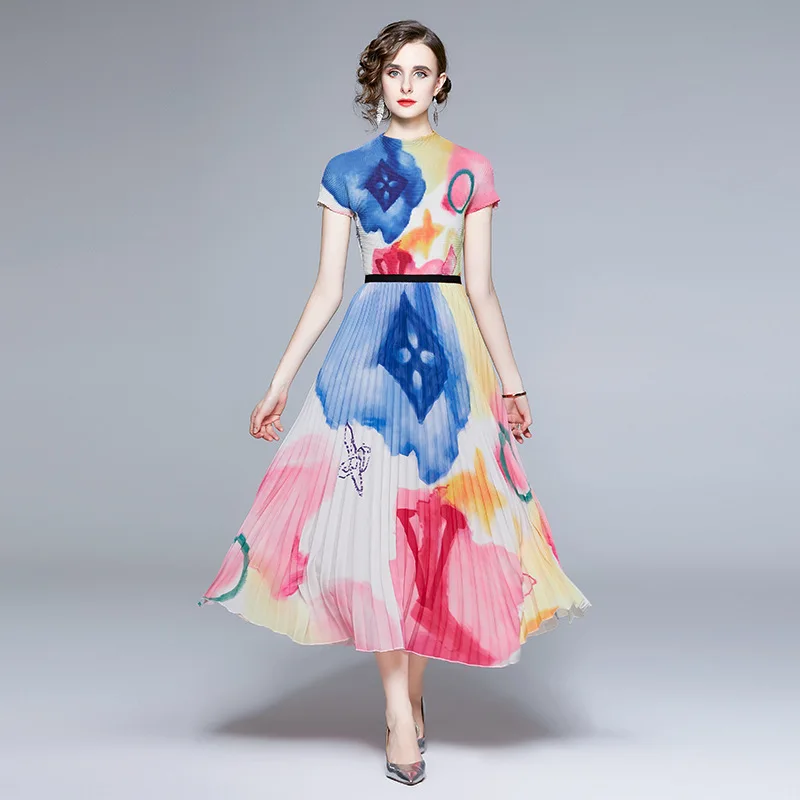 

Miyake Pleated Suit Women 2022 Summer Gradient Color Printed Loose Top Women's High Waist Two-Piece Overskirt Suit Skirt Sets
