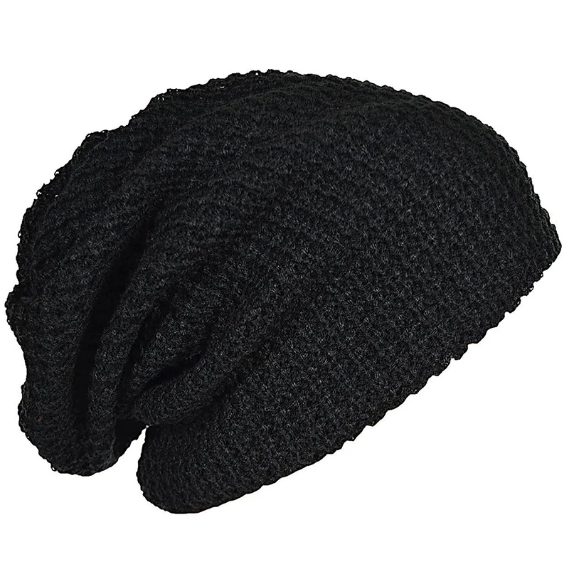 

Мужская Длинная вязаная шапка с напуском, летняя зимняя Черная шапка оверсайз