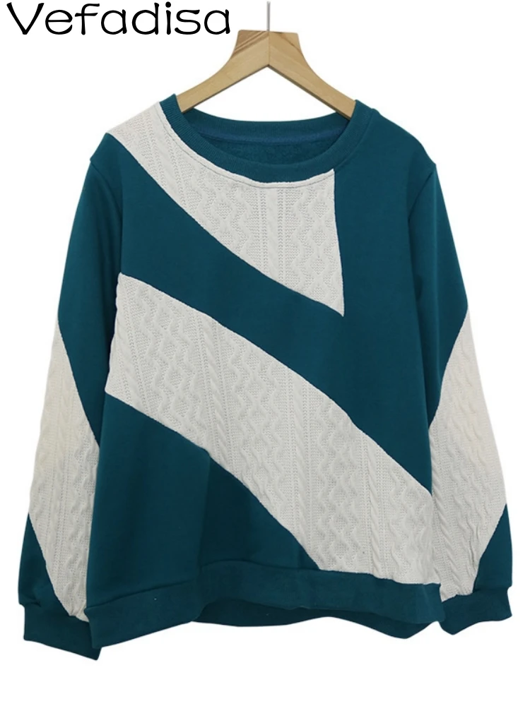 

Vefadisa 2023 Autumn Round Neck Pullover Sweatshirt Loose Retro Leisure Knitting Splicing Sweatshirt Fashion Women's Top LHX3523