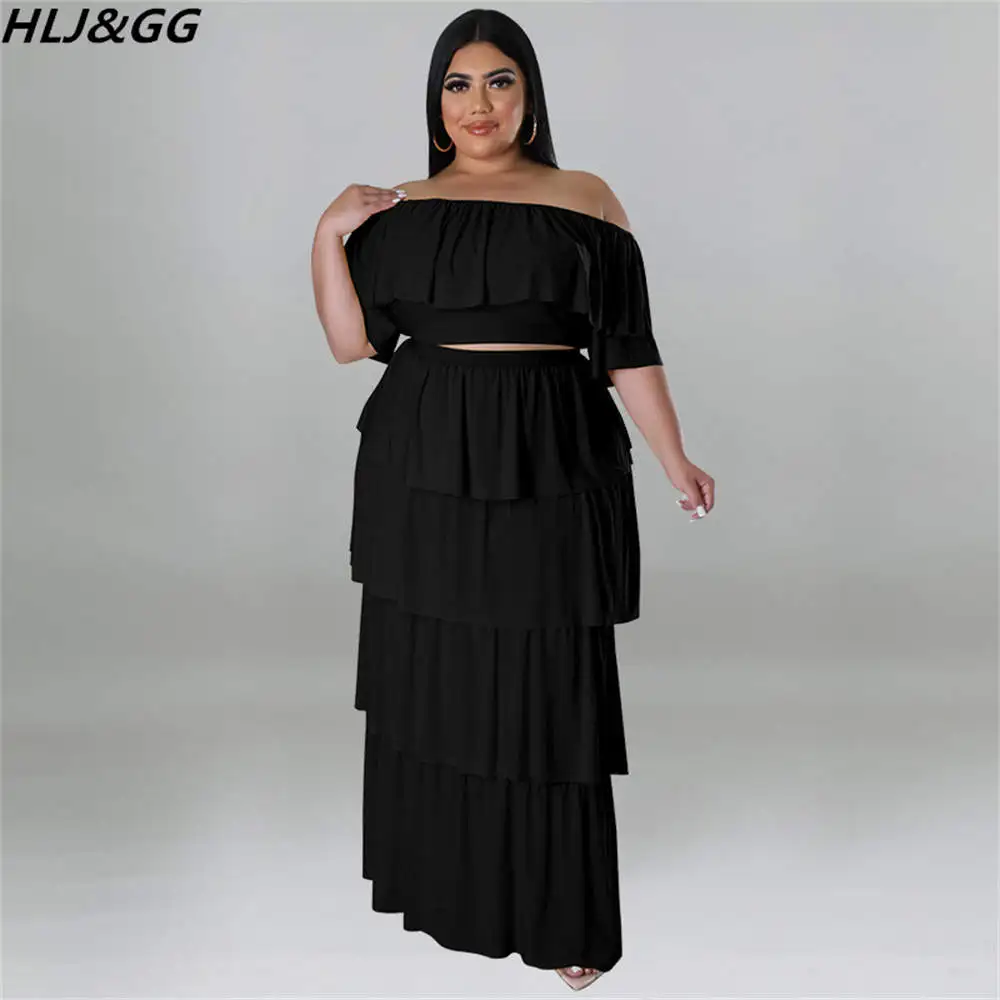 HLJ&GG Sexy Off Shoulder Ruffles Two Piece Sets Plus Size Women Clothing XL-5XL Casual Short Sleeve Crop Top And Skirts Outfits