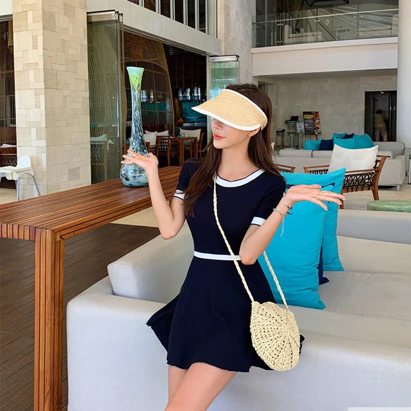 

One Piece Swimsuit Women Short Sleeve Solid Swimwear Skirted Monokini Push Up Swim Suit Trikini Bathing Korea Style