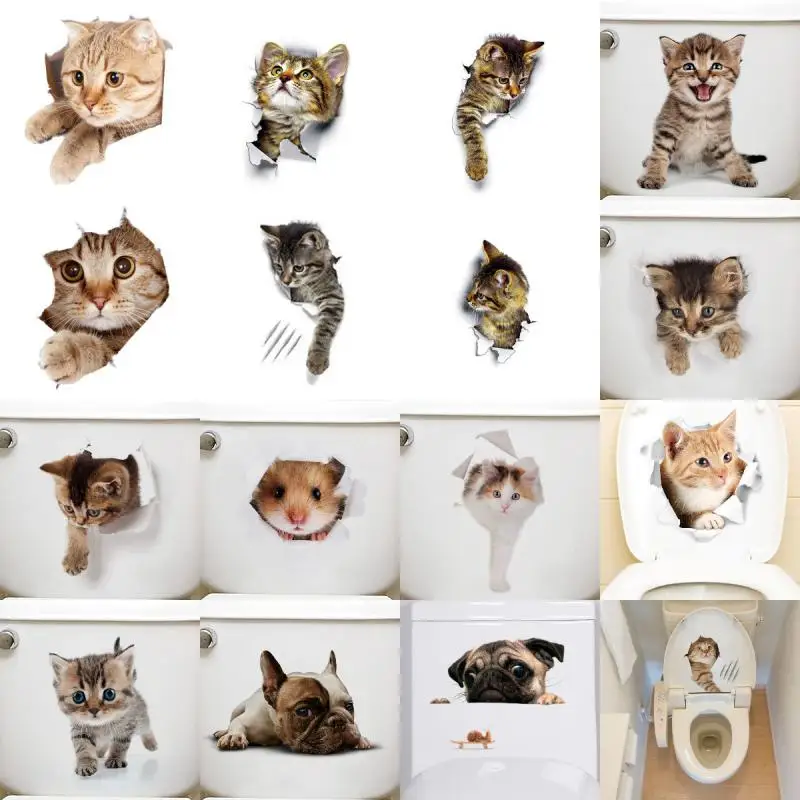 

Cute Kitten Toilet Stickers Wall Decals 3d Hole Cat Animals Mural Art Home Decor Refrigerator Posters Cartoon Wall Art Decals