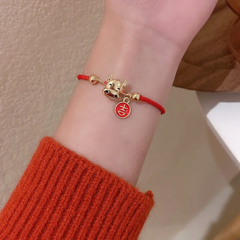 

2021 Handmade Red Rope Rhinestone Zodiac Ox Adjustable Bracelet Girl Birthday Gift Chain Natal Year Bracelet Fashion Jewelry