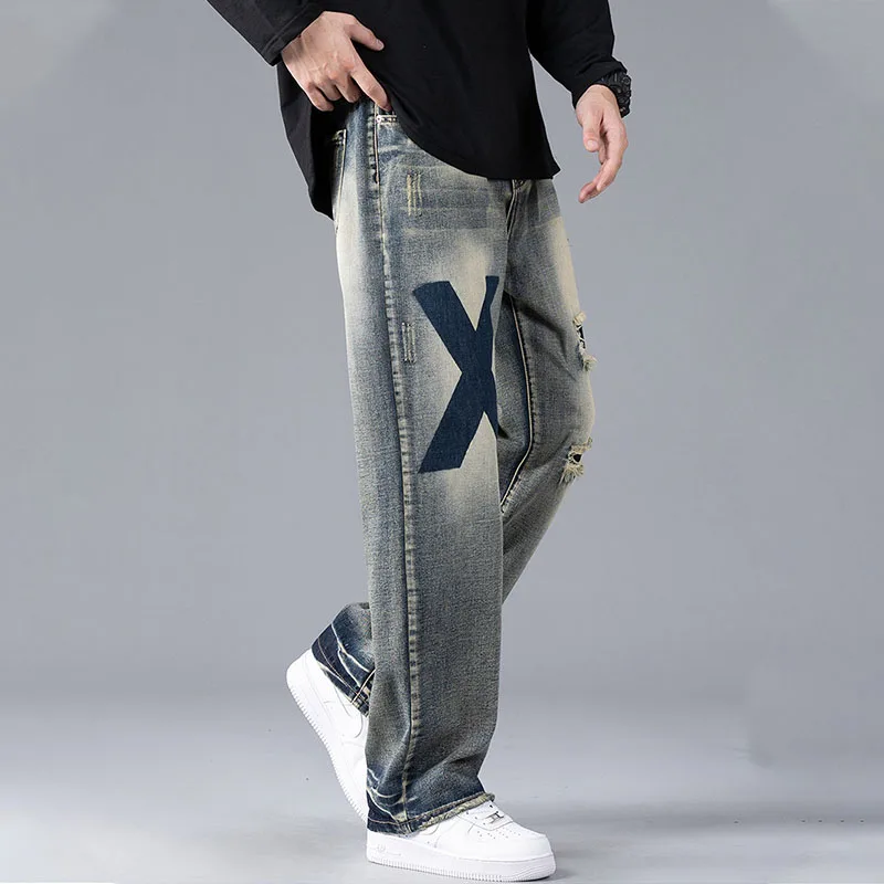 Blue Ripped Holed Wide Leg Jeans Men High Quality Loose Casual Denim Pants Autumn Hip Hop Streetwear Baggy Jeans for Men