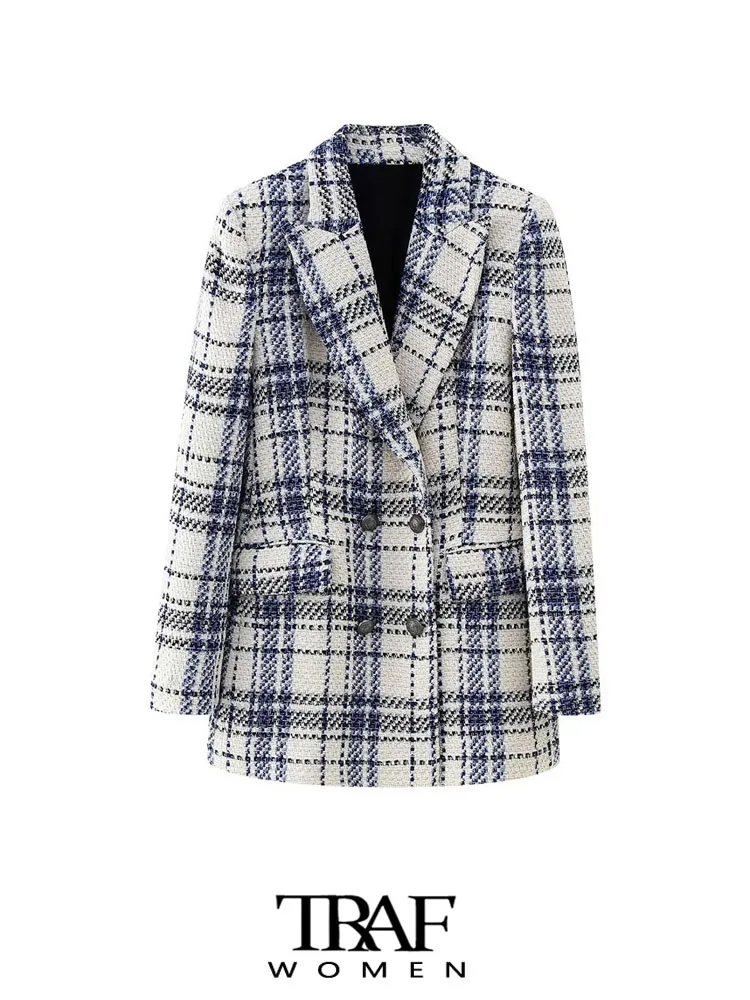 

TRAF Women Fashion Double Breasted Tweed Blazer Coat Vintage Long Sleeve Flap Pockets Female Outerwear Chic Vestes Femmes