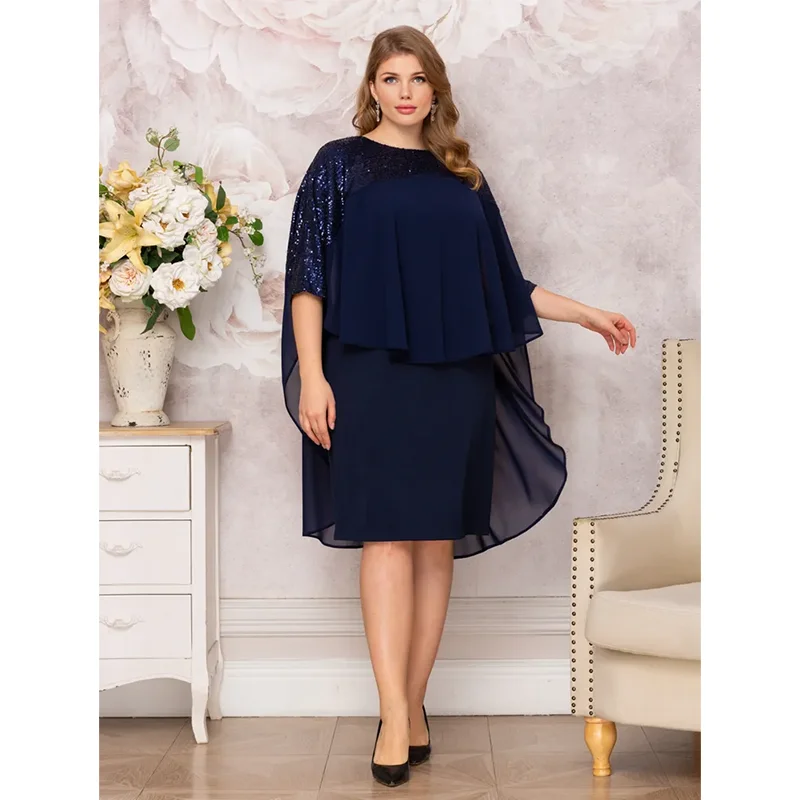 2023 Plus Size Navy Blue Round Neck Beaded Loose 4XL 5XL Elegant Women's Dress Plus Size Dress 2023 Summer