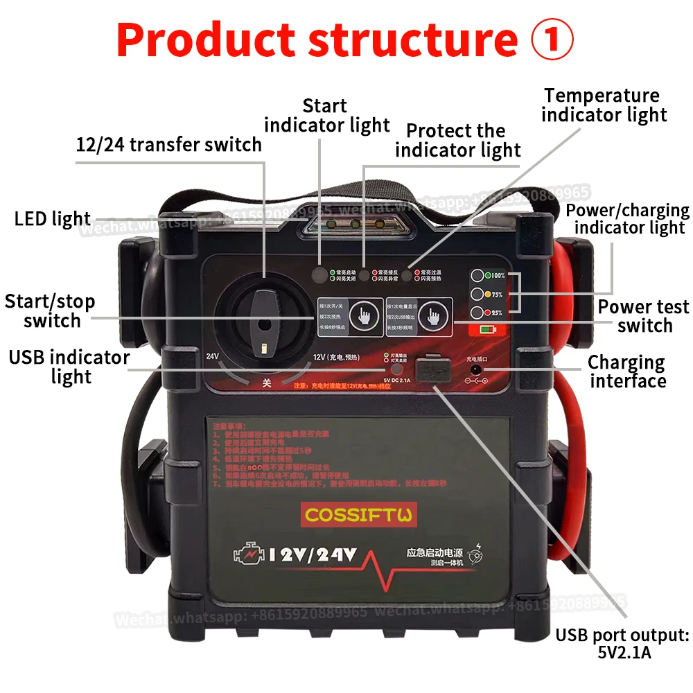 

COSS IFTW 12V24V Car Jump Starter 72000mAh Battery Booster Up to14.8L Gas or Engine Built-in USB Ports with LED Light SOS